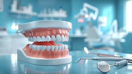 Fototapeta na wymiar Modern Dental Clinic Display: 3D Teeth Model with Tools