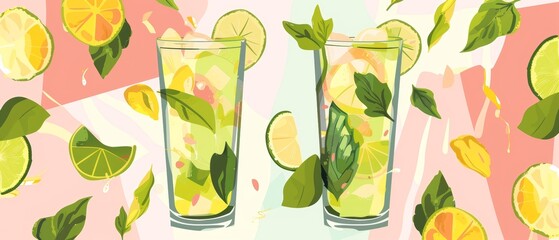 This seamless pattern features a mojito cocktail with lime slices and mint leaves. The background is tropical citrus, and there is a cold drink. The concept is for fresh lemonade, soda.