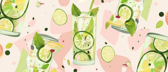 The design shows a mojito cocktail with lime slices and mint leaves. Tropic citrus background and a cold drink concept. Modern illustration flat cartoon. - obrazy, fototapety, plakaty
