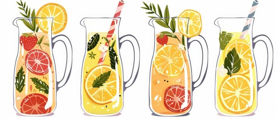 Yellow lemonade detox drink, fruit smoothie, organic lemonades with straws. Refreshing summer homemade beverages. Hand drawn modern illustration in color and isolated.