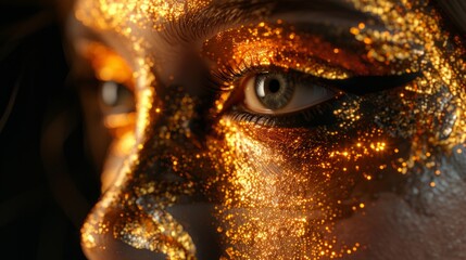 Mystical Golden Glitter Covering a Woman’s Face in Shadows