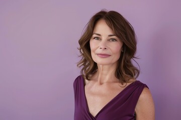 Fototapeta premium Portrait of a graceful middle-aged woman in elegant dress looking at camera against purple background