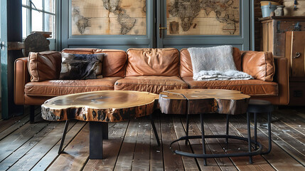 Industrial-style stools with metal legs, paired with a live-edge coffee table and a leather sofa