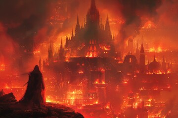 Lone Figure Overlooking a Burning Gothic Cityscape Under a Red Sky