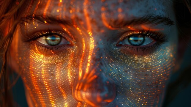 Close-Up of Woman's Face with Glowing Orange Particle Art