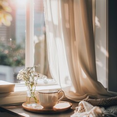 Cozy Morning with Coffee and Book in Sunny Room