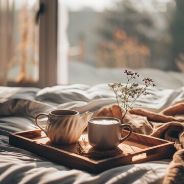 Cozy morning with hot drink and breakfast in bed depicting relaxation and comfort