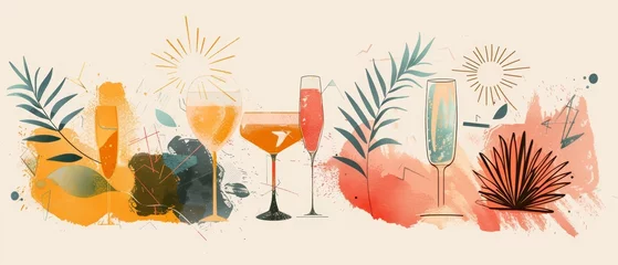 Foto op Plexiglas Elegant vintage banner template depicting champagne glasses and fireworks for the New Year of 2024. Modern illustration in halftone collage. © Mark