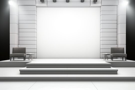 A stage with chairs and lights, suitable for theater or event concepts