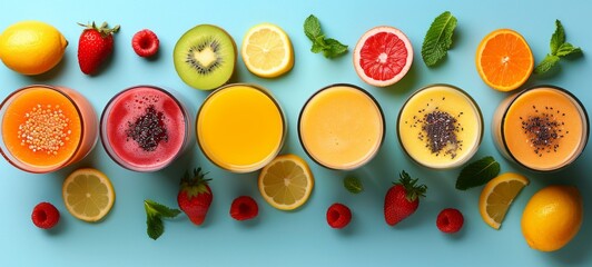 Assorted Freshly Squeezed Juices and sliced fruits - Nutritious and Colorful, vitamin c, smoothies and refreshments, top down view, health living and detox - obrazy, fototapety, plakaty