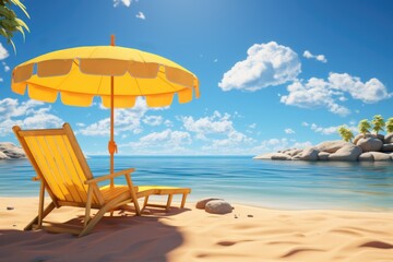 Relaxing scene of a beach chair and umbrella on a sandy beach - obrazy, fototapety, plakaty
