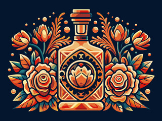 Mexican tequila bottle and roses for Mexico for festival dia de los muertos or Cinco de mayo. Decorative perfume bottle surrounded by intricate floral motifs against dark background