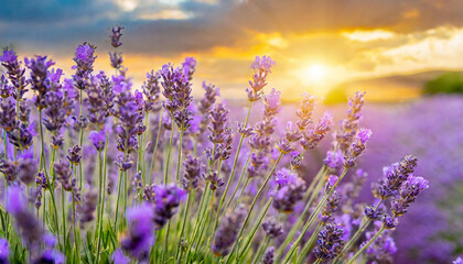 Fototapeta premium Field of lavender flowers with sunset. Beautiful nature. Spring or summer season.