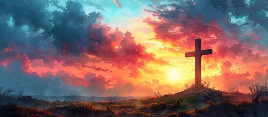 Big wooden cross on the top of the mountain at sunset - obrazy, fototapety, plakaty
