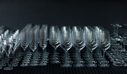 Group of empty wine glass, champagne glass, martini glass. Row of empty wine glasses background 