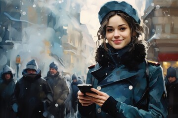 A painting of a woman holding a cell phone, suitable for various digital communication concepts