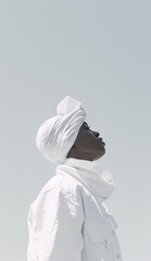 Minimalist portrait of a woman in a white turban, gazing upwards against a bright sky. Perfect for fashion, beauty, and spirituality concepts. 
