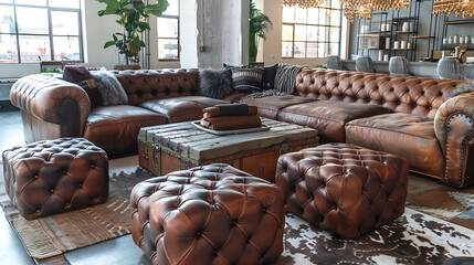 Leather ottomans with tufted detailing, clustered around a large upholstered sectional sofa and a wooden coffee table - obrazy, fototapety, plakaty