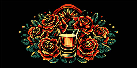 Mexican tequila shot and roses for Mexico for festival dia de los muertos or Cinco de mayo. Vivid illustration featuring an ornate lantern amidst a bouquet of stylized roses on a dark background