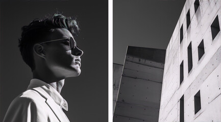 Fototapeta premium Stylish man in sunglasses against a modern concrete building, black and white photography, urban fashion, contemporary architecture. 