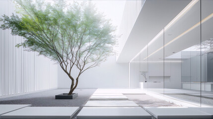 The image is of a modern interior courtyard with a tree, in the style of minimalist Japanese Zen garden, with white walls and ston