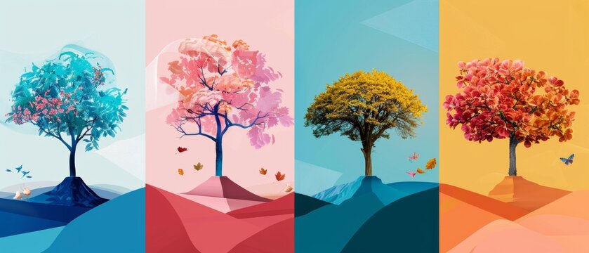 Landscape with trees in the four seasons. Summer, fall, spring, and winter trees. Non-parallel sets of four photos with views of nature. Cartoon modern illustration of round-crowned trees.