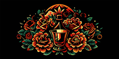 Mexican tequila shot and roses for Mexico for festival dia de los muertos or Cinco de mayo. Vivid illustration featuring an ornate lantern amidst a bouquet of stylized roses on a dark background - obrazy, fototapety, plakaty