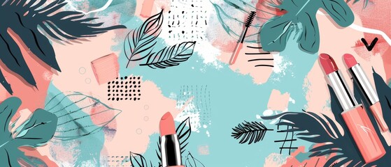 Modern illustration of different glamour make up products, top view. Fashion cosmetic template for website or backdrop with various graphics tools. Lettering quote - Wake up and makeup. Web design - obrazy, fototapety, plakaty