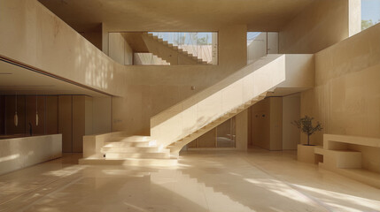 An image of a modern house interior with a staircase, in the style of minimalism, with neutral colors and a focus on natural light