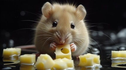 a close up of a rat with a bunch of cheese in it's mouth and a bunch of cheese in front of it.