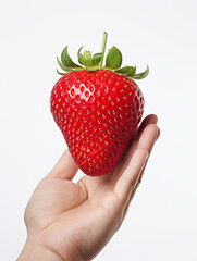 Obraz premium Holding a strawberry in his hand, against a white background сreated with Generative Ai