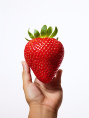 Fototapeta premium Holding a strawberry in his hand, against a white background сreated with Generative Ai