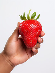 Obraz premium Holding a strawberry in his hand, against a white background сreated with Generative Ai