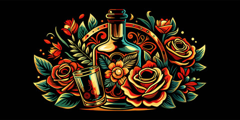Mexican tequila bottle, roses for Mexico festival Cinco de mayo. Decorative bottle surrounded by stylized roses in a classic tattoo design. Retro old school tequila bottle for chicano tattoo