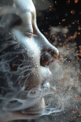 Sneezing   A dramatic 3D capture of a sneeze in motion, particles dispersing, focusing on allergy prevention and health
