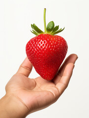Fototapeta premium Holding a strawberry in his hand, against a white background сreated with Generative Ai