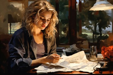 Fototapeta premium A woman sitting at a table, suitable for various concepts