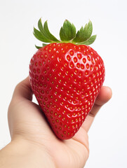 Obraz premium Holding a strawberry in his hand, against a white background сreated with Generative Ai