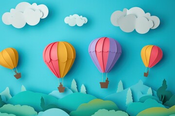Fototapeta premium Colorful Air balloons paper cut mountains. Festival balloon. Generate Ai