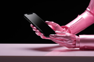 graphic illustration, a pink mannequin hold a cell phone in the hands wearing gloves