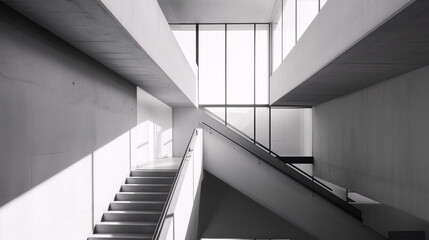 Fototapeta premium Black and white interior of a modern building with large windows and a staircase, in the style of architectural photography