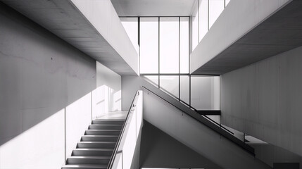 Black and white interior of a modern building with large windows and a staircase, in the style of architectural photography