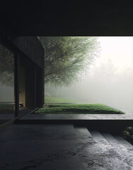 A dark and moody 3D rendering of a modern house with a large tree in the background done in a minimalist style with a focus on nat