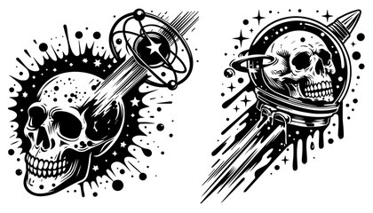 skulls floating in space with cosmic background vector illustration silhouette laser cutting black and white shape