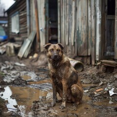 Stray dog sitting in a muddy alleyway depicting urban decay