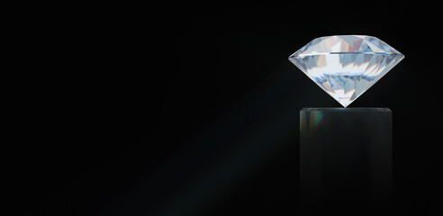 A diamond on a pedestal on a black background. Expensive refracting crystal. 3D rendering.