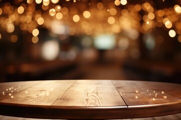A simple wooden table with soft lights in the background - obrazy, fototapety, plakaty