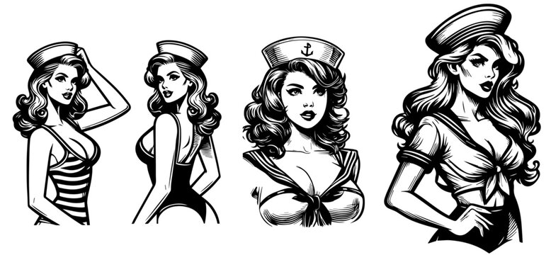 sailor pin-up girl in vintage style illustration vector