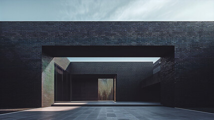 A dark minimal exterior of a modern house with a large entrance made of black bricks