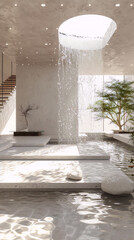 An atrium with a water feature, stone sculptures and large windows in a contemporary style with a minimalist interior and natural 